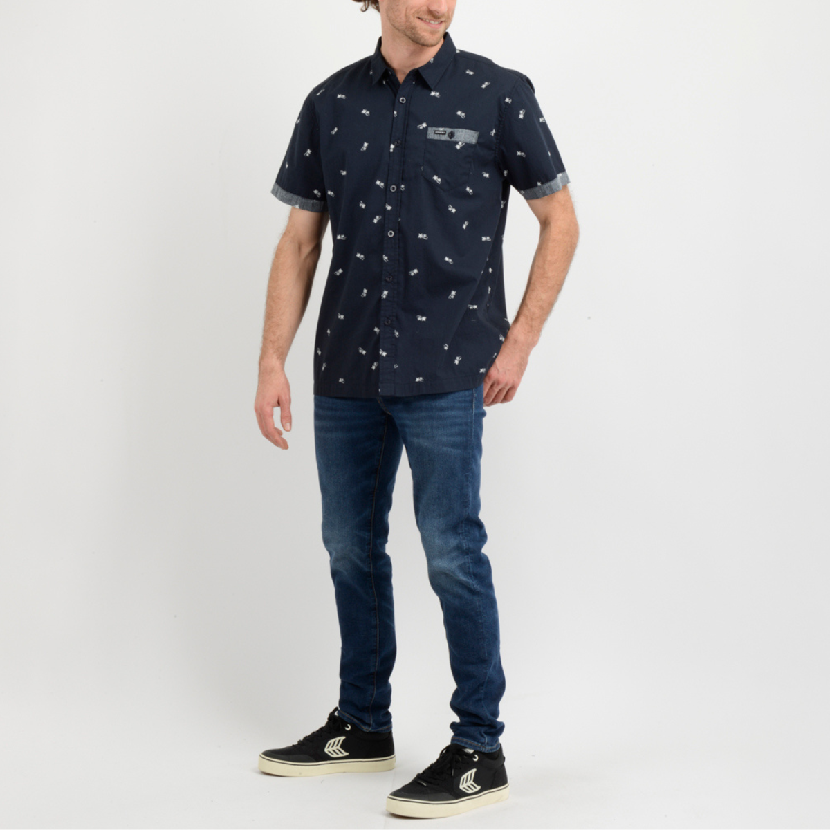 CAMISA MC - BLUE  PALM PRINT